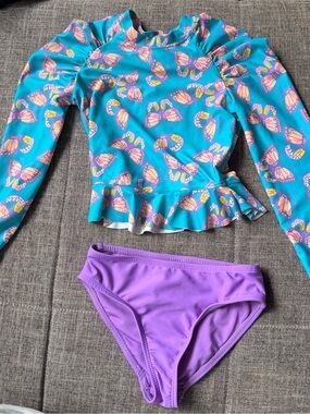 Tucker + Tate Teal Butterfly Ruffle Rash Guard Set with Purple Bottoms